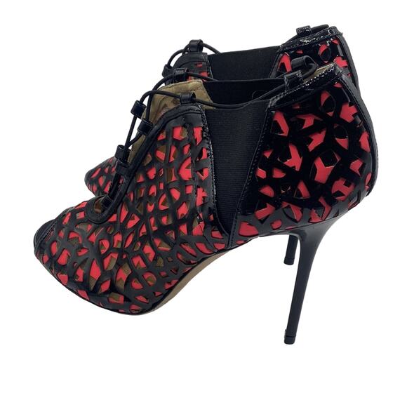JIMMY CHOO TACTIC Laser Cut BLACK GERANIUM PATENT LEATHER PEEP-TOE PUMP Bootie - Picture 9 of 14